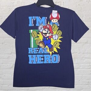 Retro‎ Nintendo Super Mario Bros Graphic Tee Youth M Navy Mario Toad Gamer NWT
